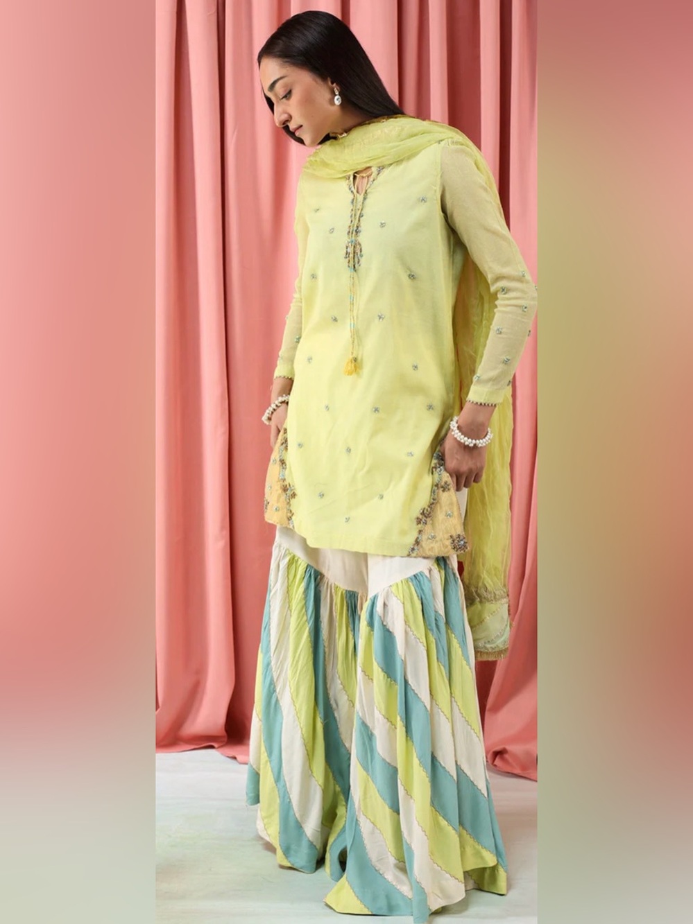 Generation Love Lemon Yellow & Aqua Striped Palazzo Skirt Set